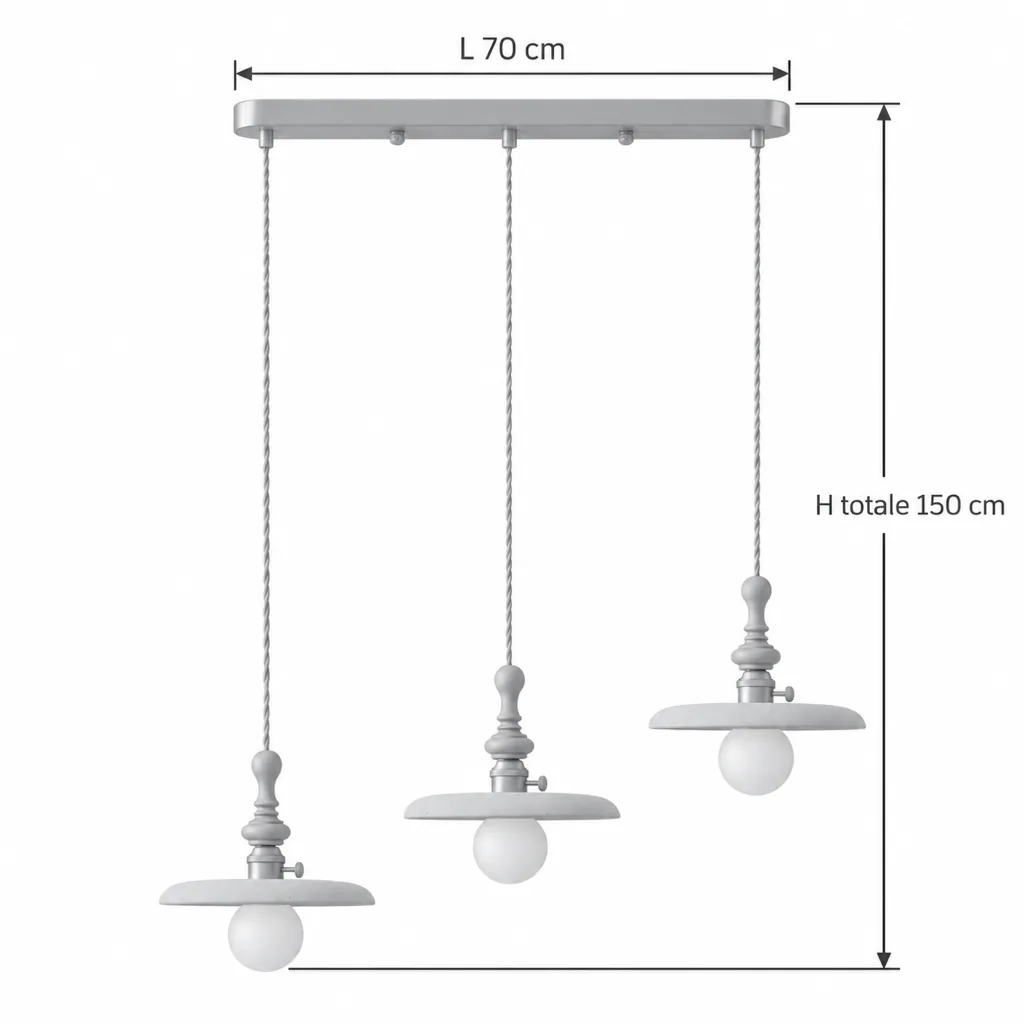 Hängelampe GERA, Travertin, Nussbaum, Messing und Opalglaskugel – Masszeichnung Dreifach Modell C, Schiene 70 cm, Gesamthöhe 150 cm