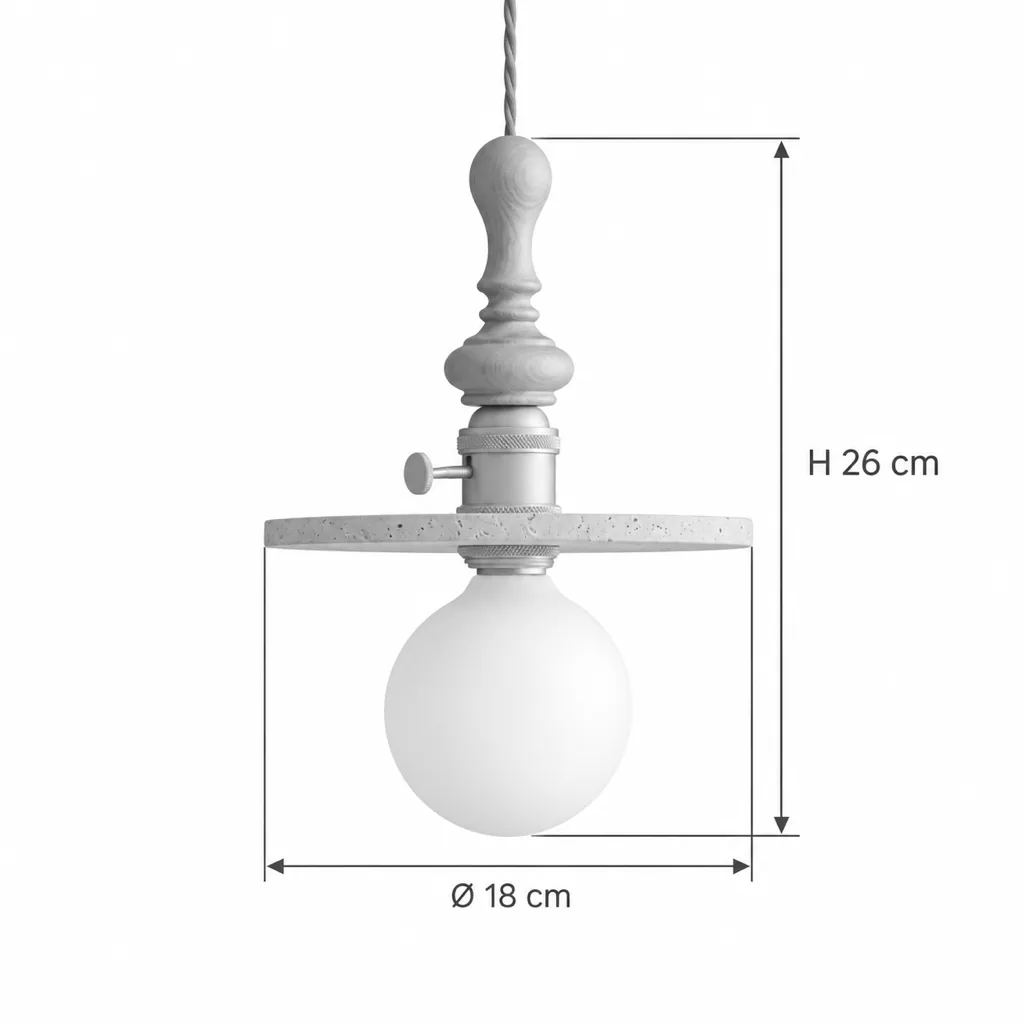 Hängelampe GERA, Travertin, Nussbaum, Messing und Opalglaskugel – Masszeichnung Modell A, Ø 18 cm, Höhe 26 cm