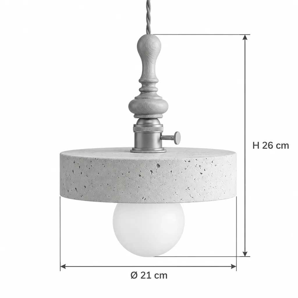 Hängelampe GERA, Travertin, Nussbaum, Messing und Opalglaskugel – Masszeichnung Modell B, Ø 21 cm, Höhe 26 cm