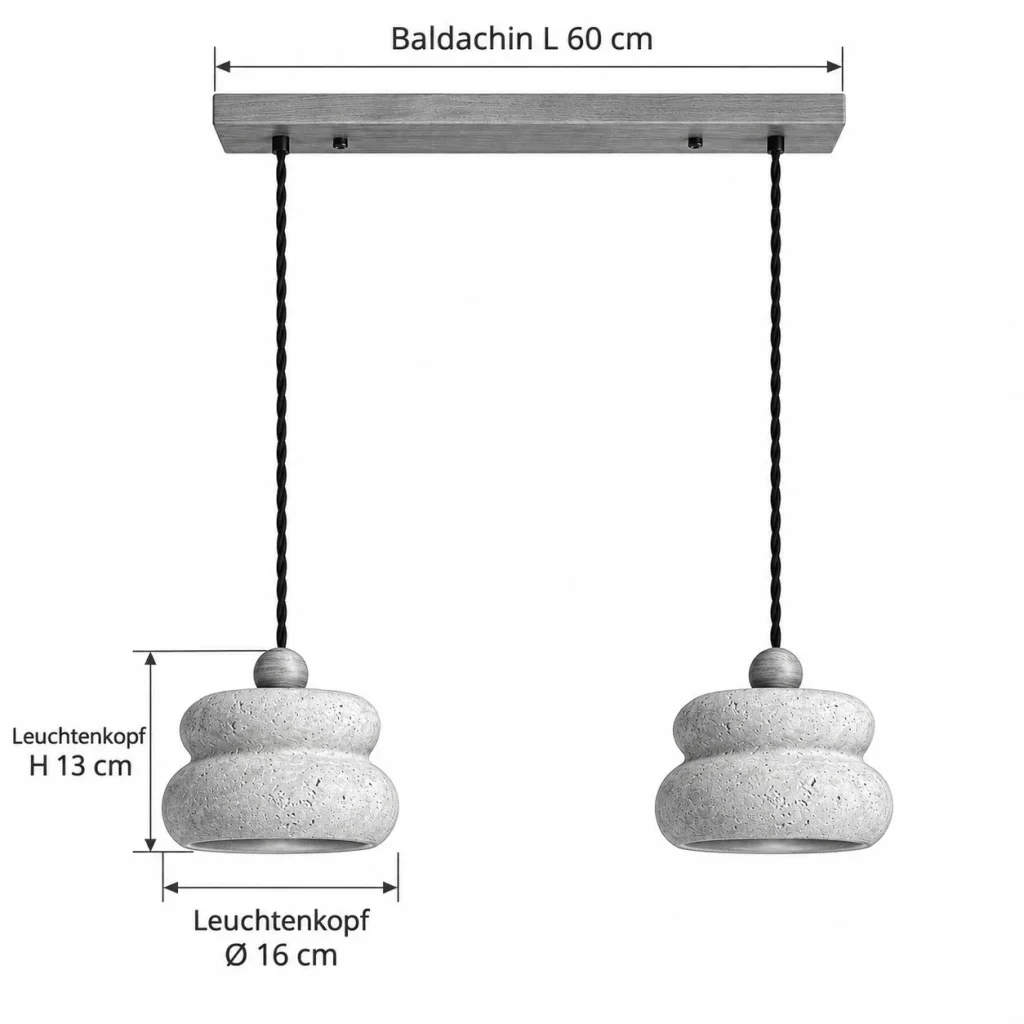 Hängelampe aus organisch geformtem Travertin FIRO – Masse Baldachin L 60 cm, Leuchtenkopf Ø 16 cm, Leuchtenkopf H 13 cm
