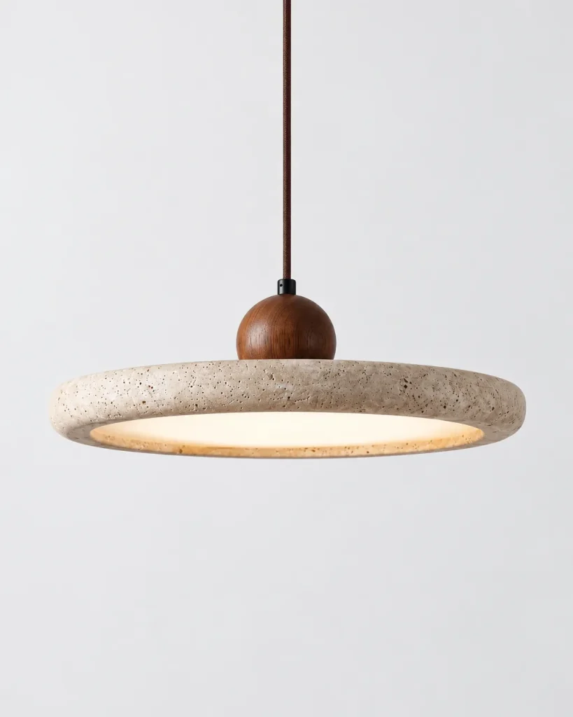 Hängelampe GALI, Travertin-Ring mit Holzkugel, LED-Halo – Dunkles Holz, Ø 30 cm, Produktfoto