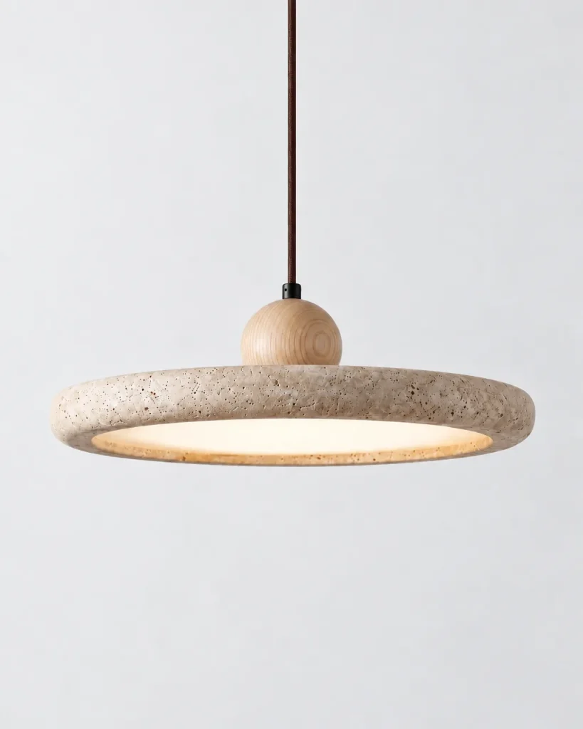 Hängelampe GALI, Travertin-Ring mit Holzkugel, LED-Halo – Helles Holz, Ø 30 cm, Produktfoto