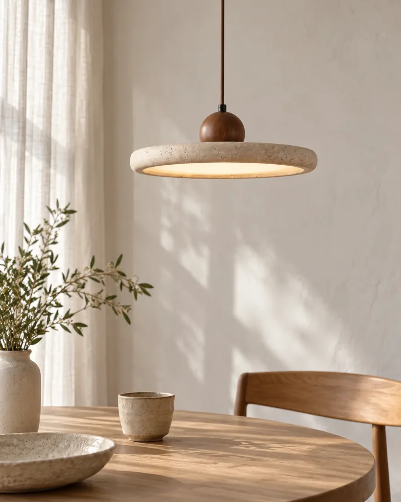 Hängelampe GALI, Travertin-Ring mit Holzkugel, LED-Halo – über einem runden Esstisch aus Holz, Tageslicht