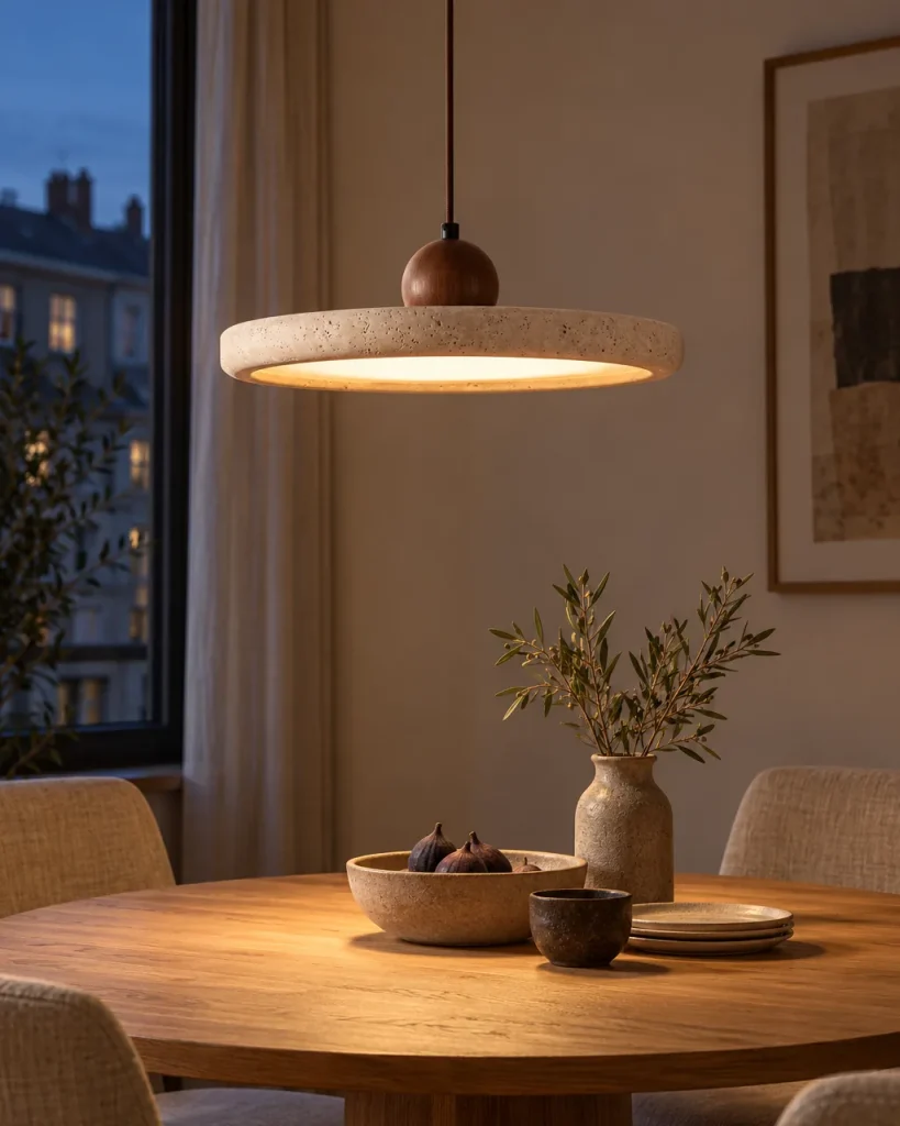 Hängelampe GALI, Travertin-Ring mit Holzkugel, LED-Halo – über einem runden Esstisch aus Holz, Abendlicht