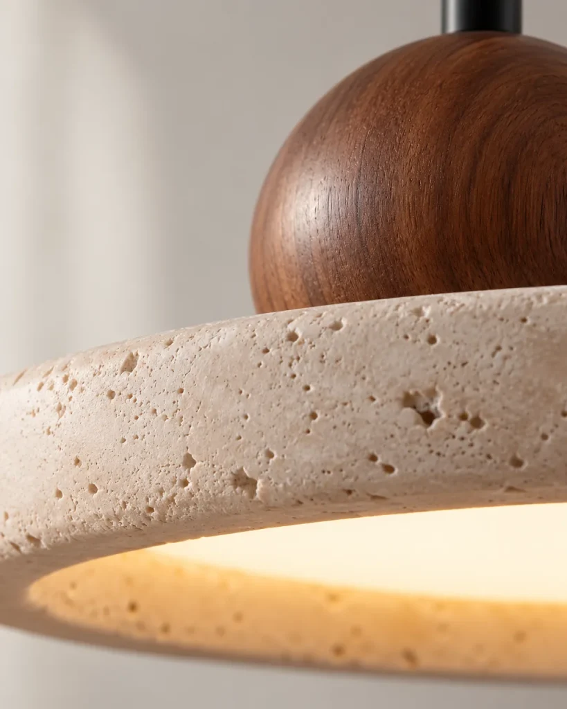 Hängelampe GALI, Travertin-Ring mit Holzkugel, LED-Halo – Detailansicht des porigen Travertinrings, der Holzkugel und des Lichts an der Unterseite