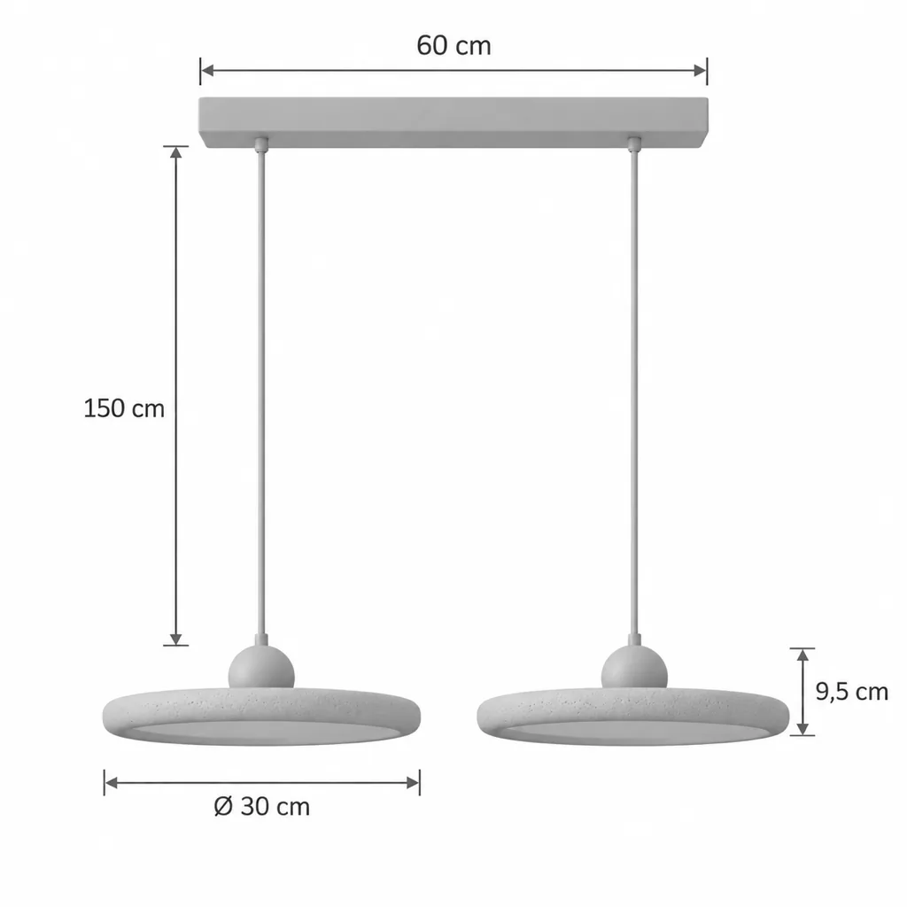 Hängelampe GALI, Travertin-Ring mit Holzkugel, LED-Halo – Masszeichnung 2-flammig, Baldachin 60 cm, Ring Ø 30 cm, Kabel 150 cm
