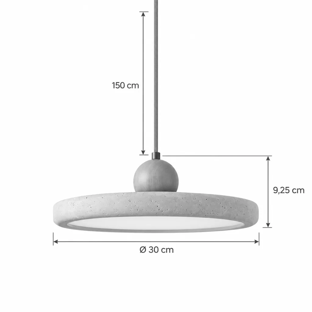 Hängelampe GALI, Travertin-Ring mit Holzkugel, LED-Halo – Masszeichnung Ø 30 cm, Höhe 9,25 cm, Kabel 150 cm