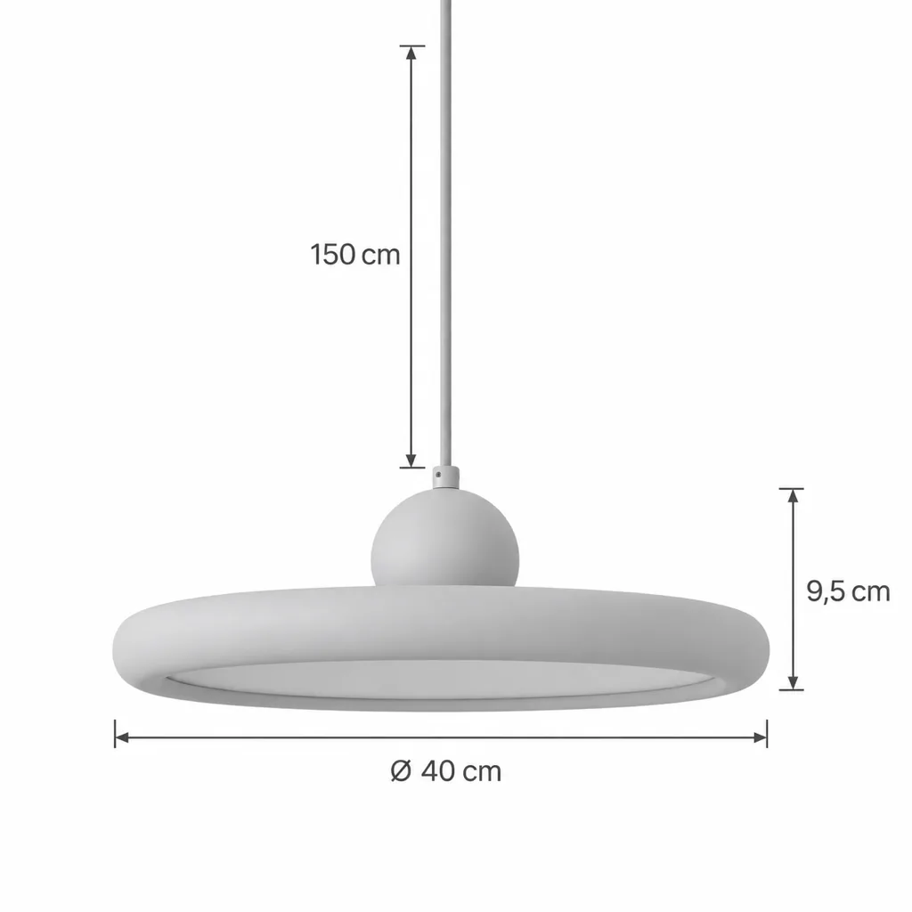 Hängelampe GALI, Travertin-Ring mit Holzkugel, LED-Halo – Masszeichnung Ø 40 cm, Höhe 9,5 cm, Kabel 150 cm