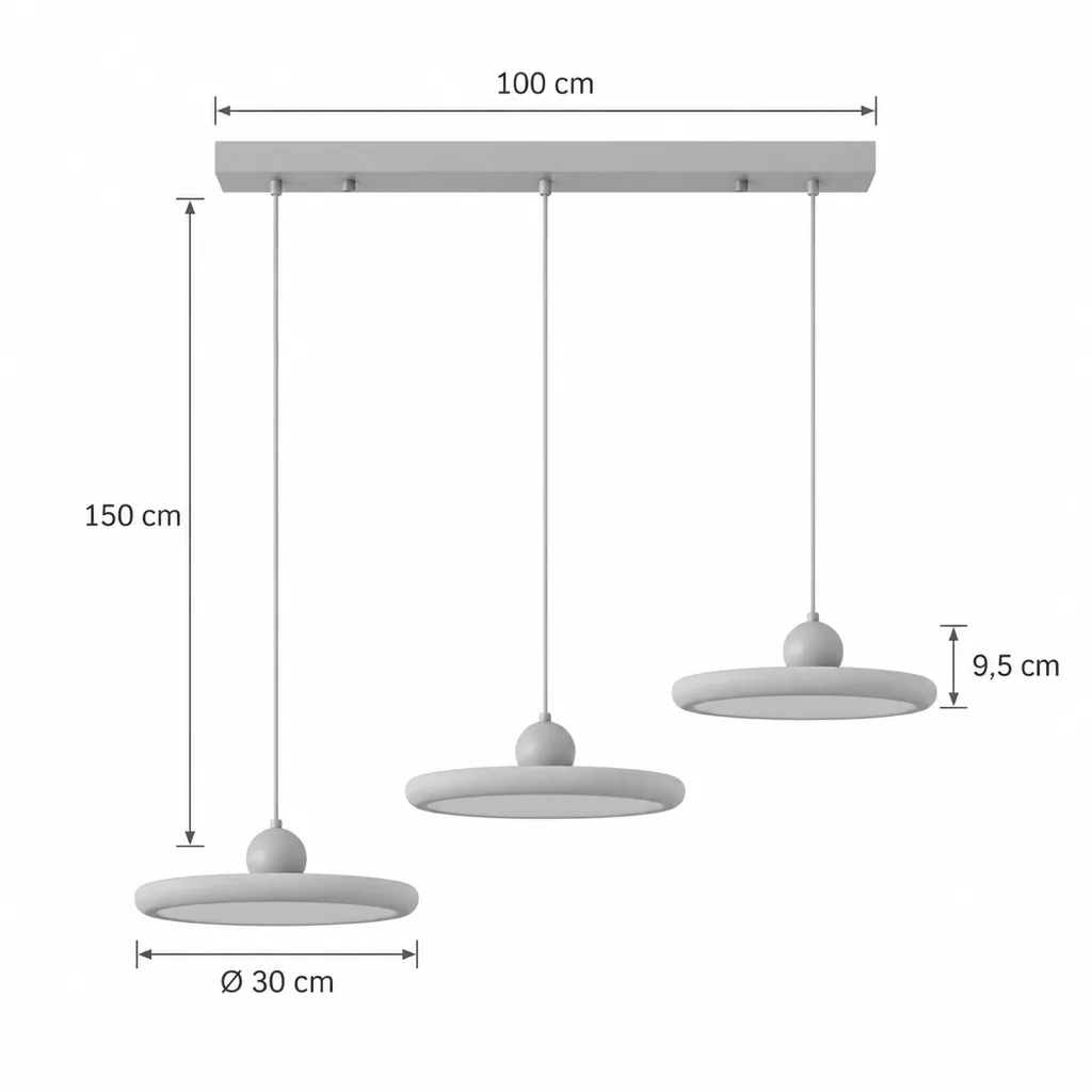 Hängelampe GALI, Travertin-Ring mit Holzkugel, LED-Halo – Masszeichnung 3-flammig, Baldachin 100 cm, Ring Ø 30 cm, Kabel 150 cm