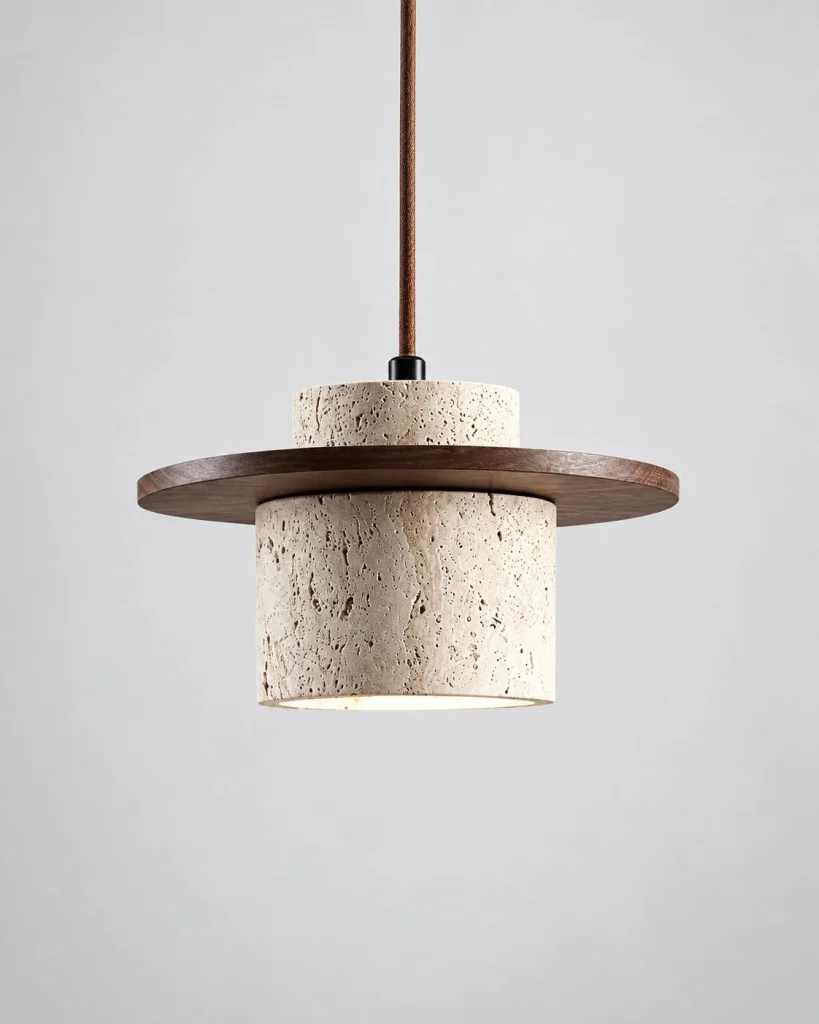 Hängelampe mit Travertinscheibe TAMO – Dunkles Holz, Produktfoto