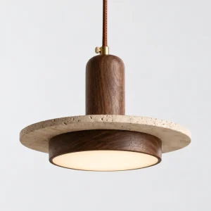 Lampada a sospensione TAIKA, travertino su cilindro effetto legno – singola M, effetto legno scuro, foto prodotto