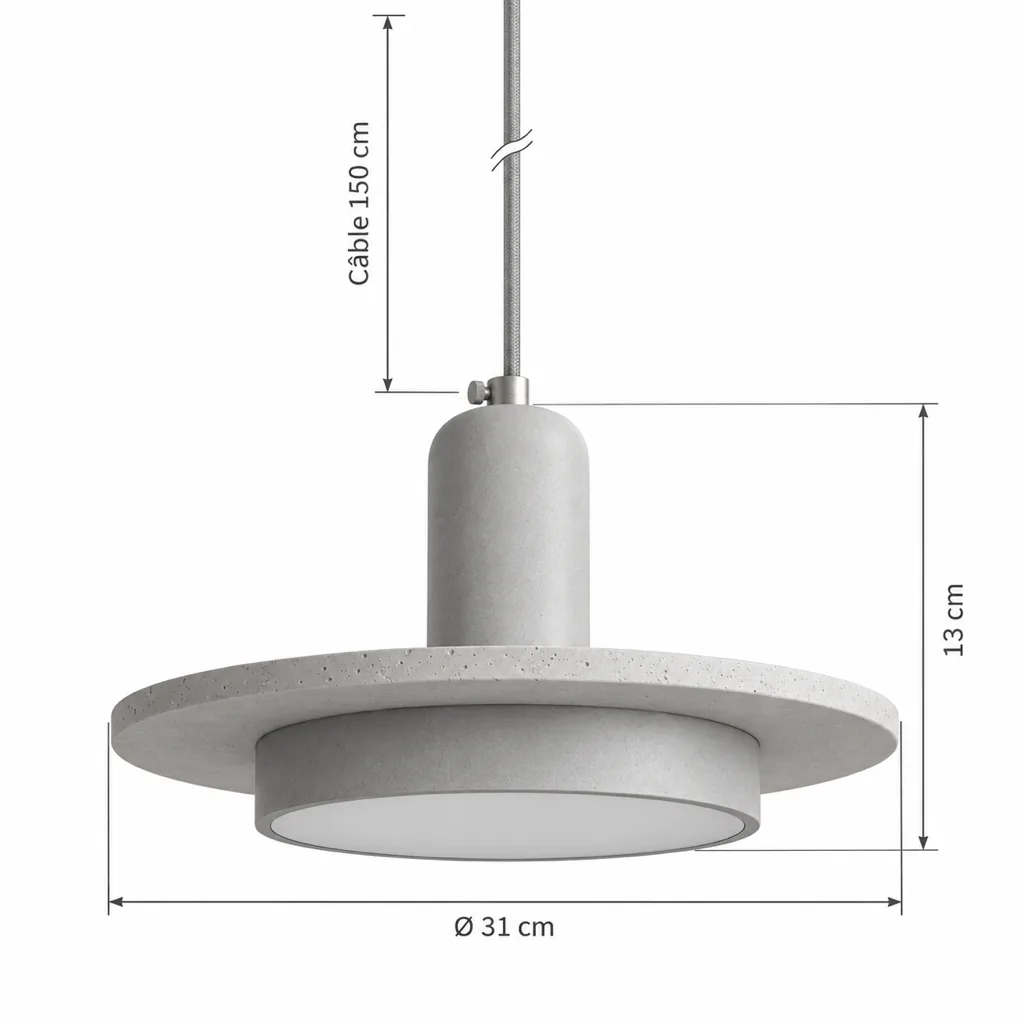 Hängelampe TAIKA, Travertinscheibe auf Zylinder in Holzoptik, LED – Masszeichnung Einfach L Ø 31 cm, Höhe 13 cm, Kabel 150 cm