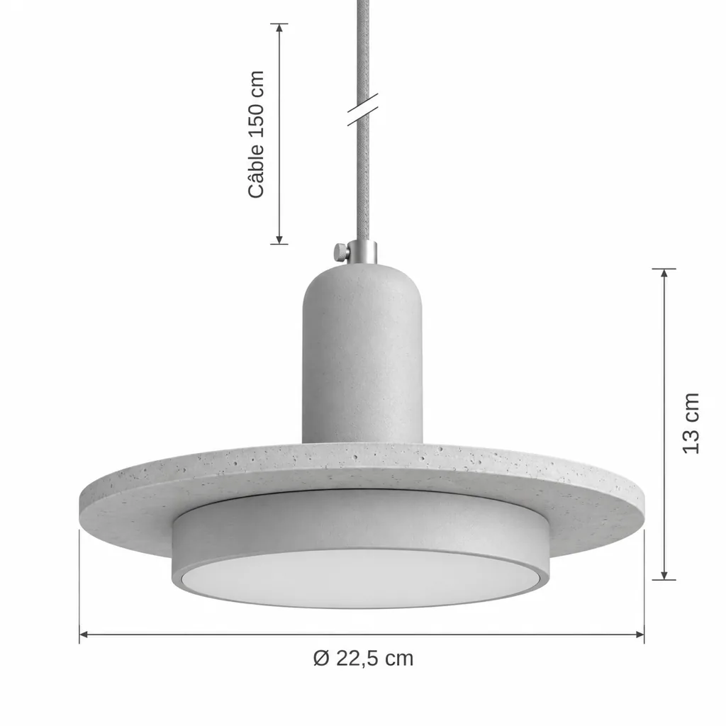 Hängelampe TAIKA, Travertinscheibe auf Zylinder in Holzoptik, LED – Masszeichnung Einfach M Ø 22,5 cm, Höhe 13 cm, Kabel 150 cm