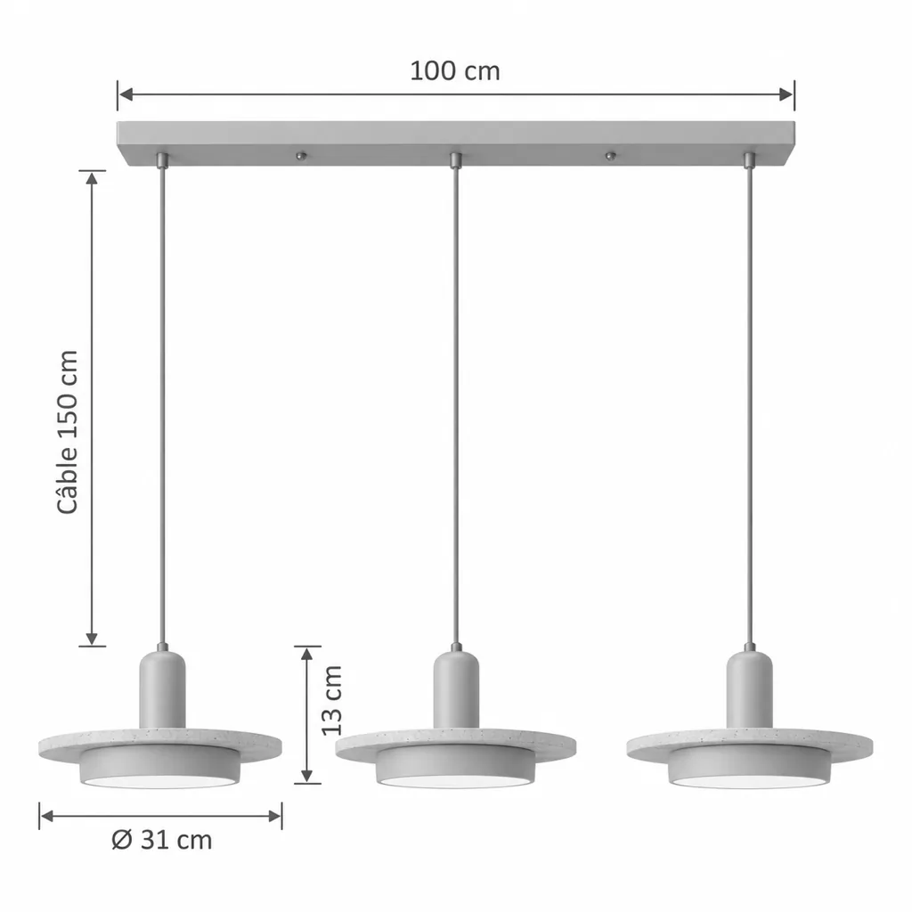 Hängelampe TAIKA, Travertinscheibe auf Zylinder in Holzoptik, LED – Masszeichnung Dreifach L, Schiene 100 cm, Köpfe Ø 31 cm