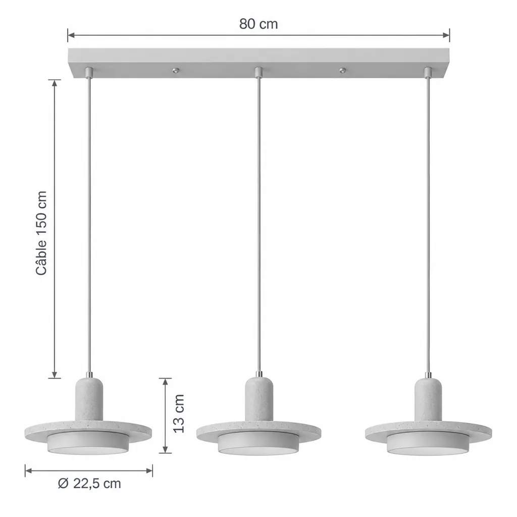 Hängelampe TAIKA, Travertinscheibe auf Zylinder in Holzoptik, LED – Masszeichnung Dreifach M, Schiene 80 cm, Köpfe Ø 22,5 cm