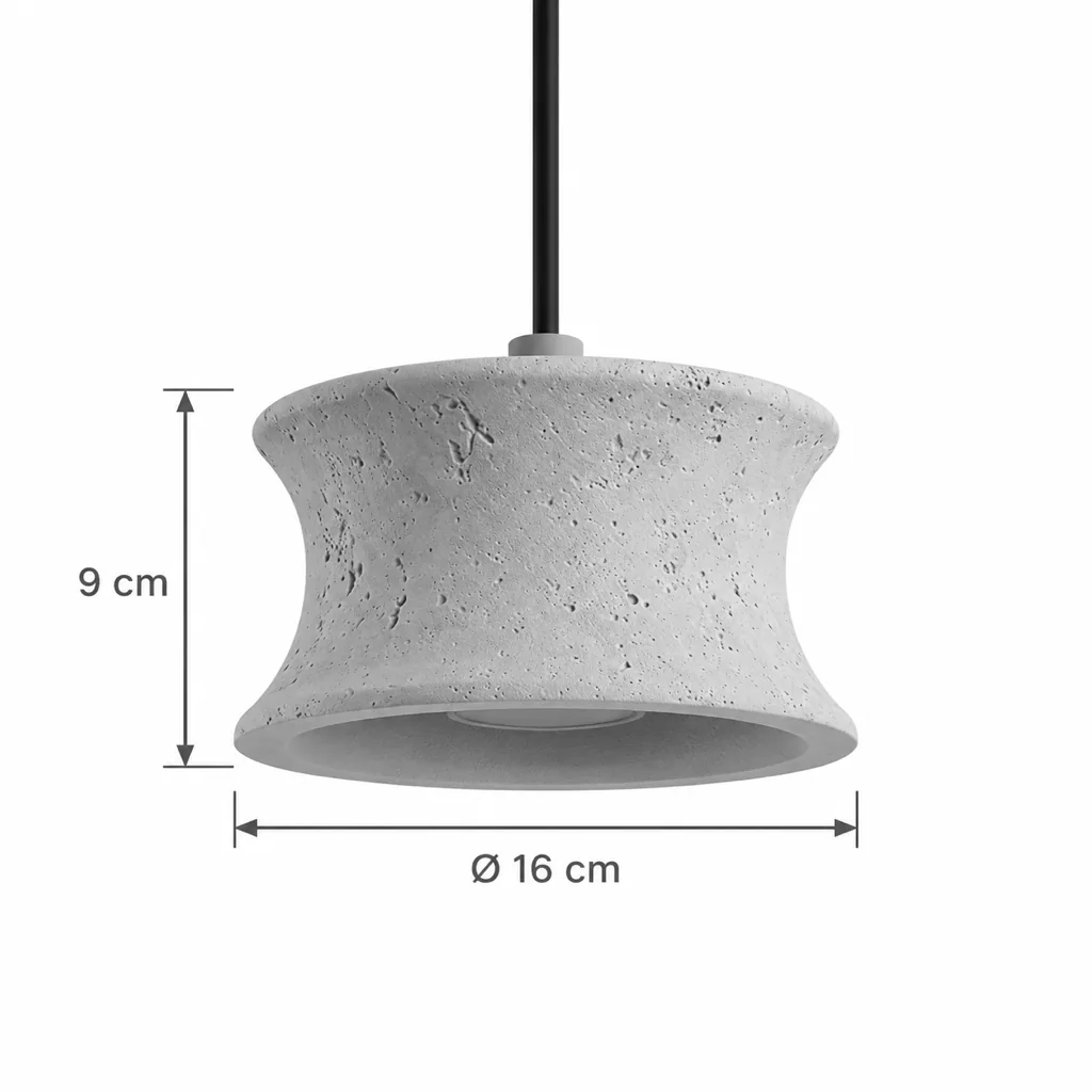 Hängelampe KIO, tailliertes Travertinelement mit Nussbaum – Masszeichnung Ø 16 cm, Höhe 9 cm