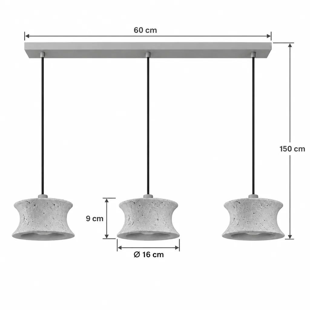 Hängelampe KIO, tailliertes Travertinelement mit Nussbaum – Masszeichnung Dreifach, Schiene 60 cm, Ø 16 cm, Höhe 150 cm