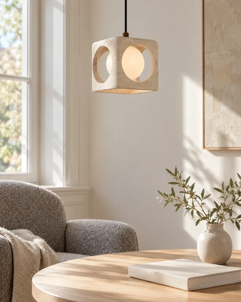 Hängelampe MADO, Travertinwürfel mit runden Öffnungen und Opalglas – im Wohnzimmer über einem runden Holztisch, Tageslicht