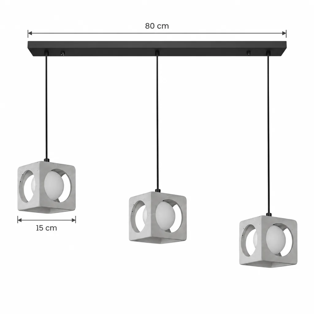Hängelampe MADO, Travertinwürfel mit runden Öffnungen und Opalglas – Masszeichnung Dreifach, Schiene 80 cm, Würfel 15 cm