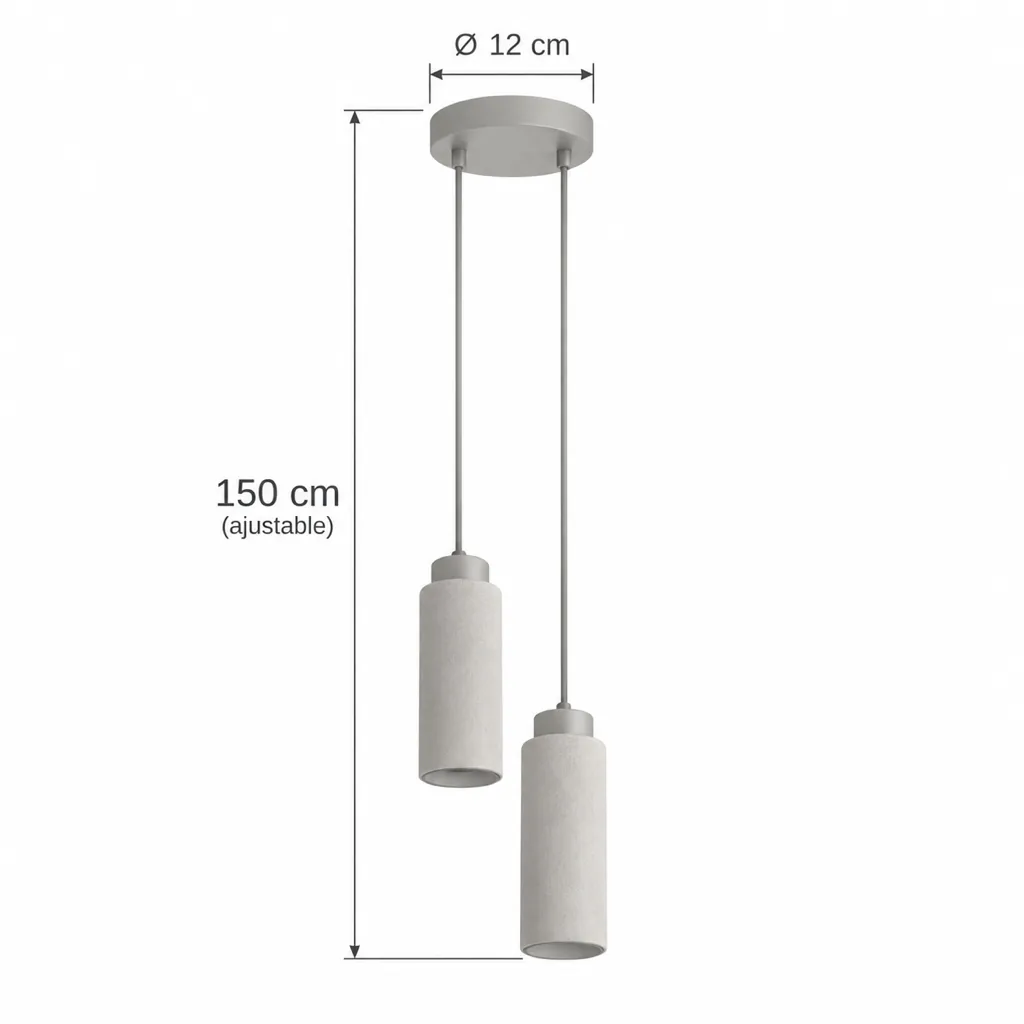 Hängelampe ERIA, Schlanker Travertin-Zylinder mit Nussbaumkappe – Masszeichnung 2-flammig, Baldachin Ø 12 cm, Gesamthöhe 150 cm