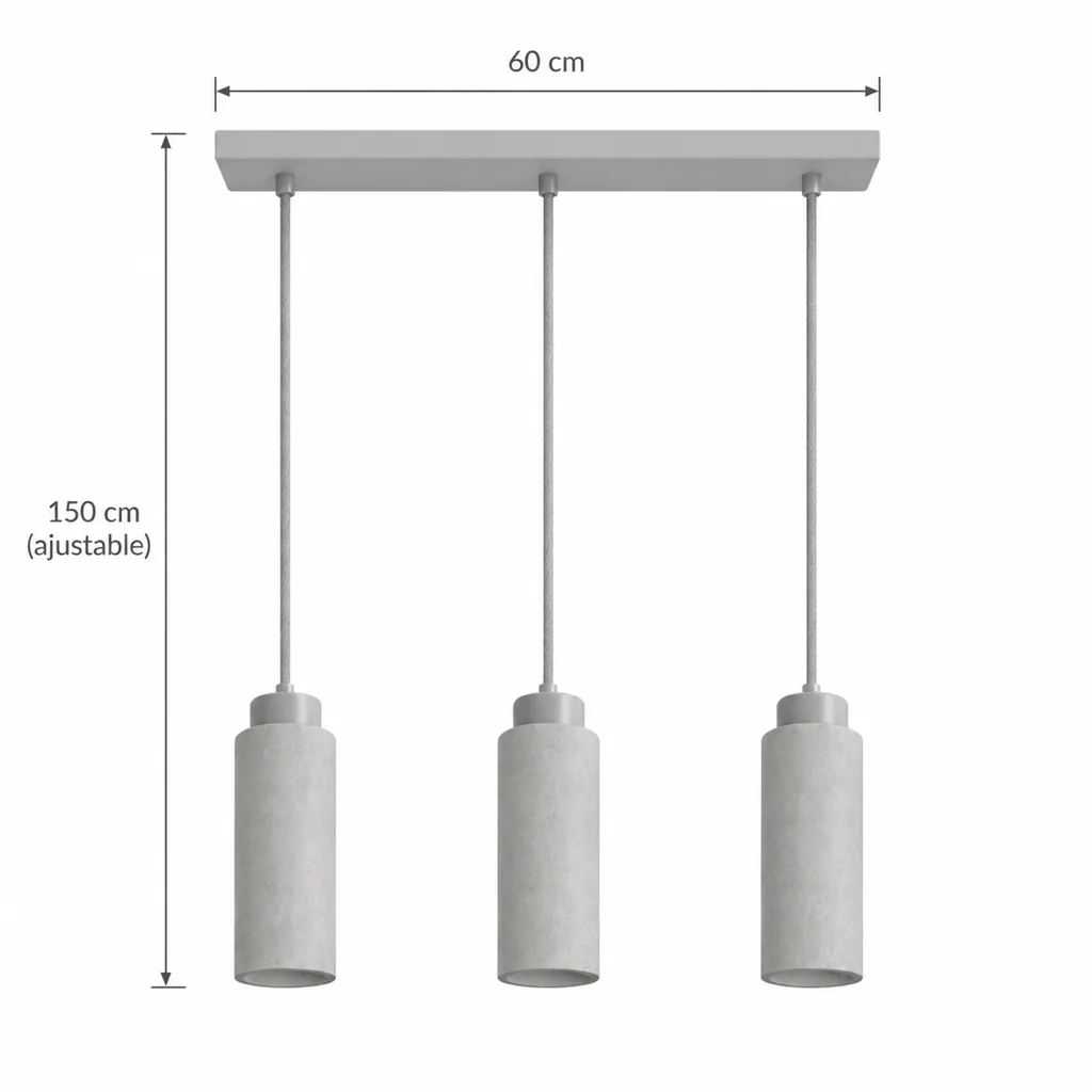 Hängelampe ERIA, Schlanker Travertin-Zylinder mit Nussbaumkappe – Masszeichnung 3-flammig linear, Baldachin 60 cm, Gesamthöhe 150 cm
