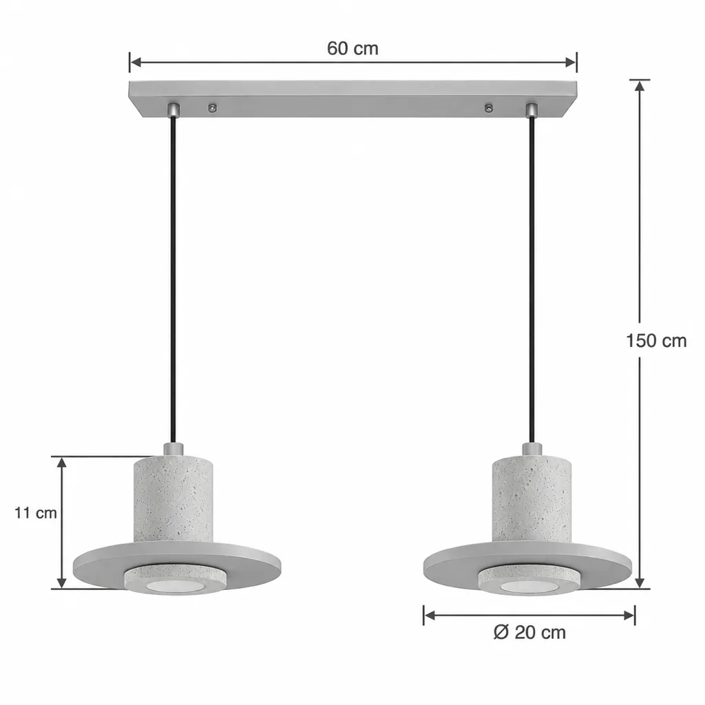 Hängelampe KATRA, Travertinzylinder mit Nussbaumscheibe – Masszeichnung Doppelt, Schiene 60 cm, Ø 20 cm, Höhe 150 cm