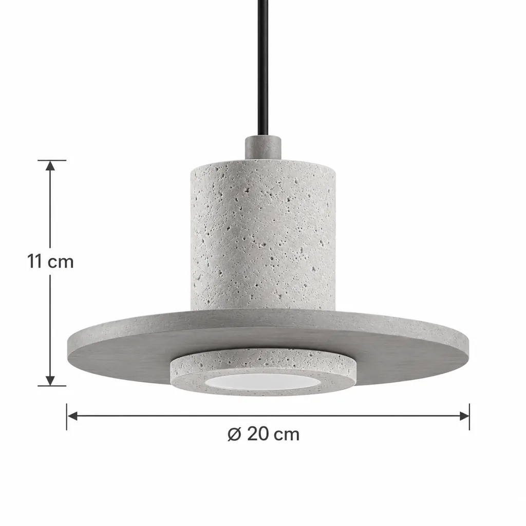 Hängelampe KATRA, Travertinzylinder mit Nussbaumscheibe – Masszeichnung Ø 20 cm, Höhe 11 cm