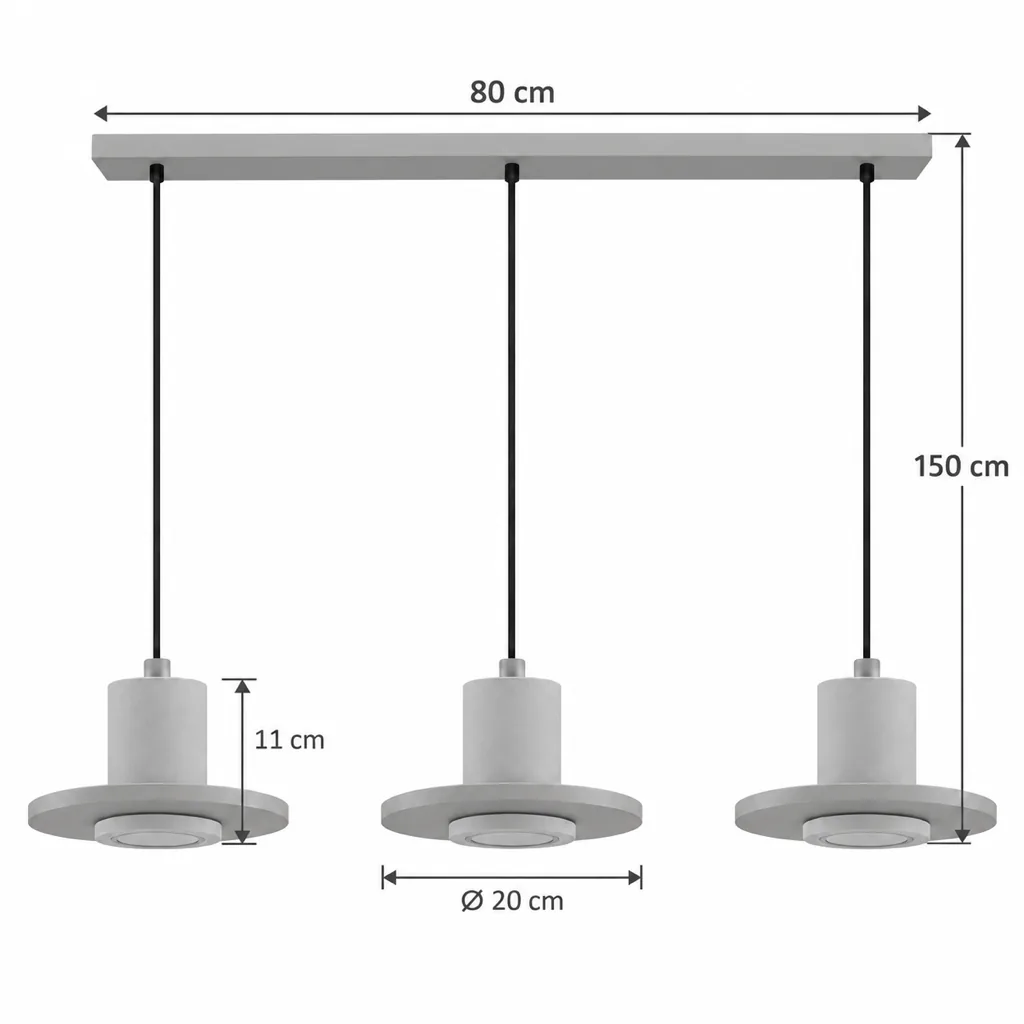 Hängelampe KATRA, Travertinzylinder mit Nussbaumscheibe – Masszeichnung Dreifach, Schiene 80 cm, Ø 20 cm, Höhe 150 cm
