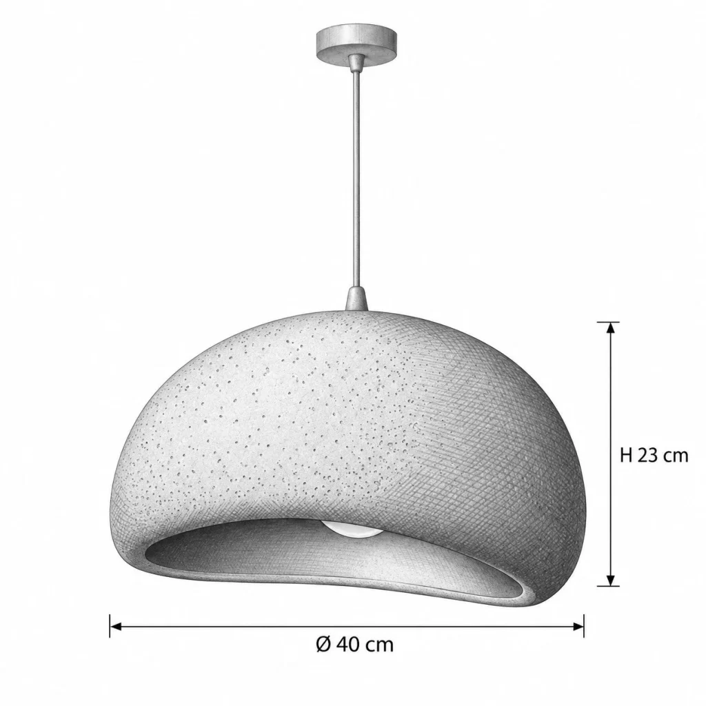 Hängelampe mit organischem Harzschirm SHIRIO – Masszeichnung Ø 40 cm, H 23 cm