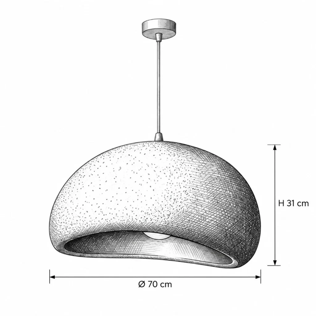 Hängelampe mit organischem Harzschirm SHIRIO – Masszeichnung Ø 70 cm, H 31 cm