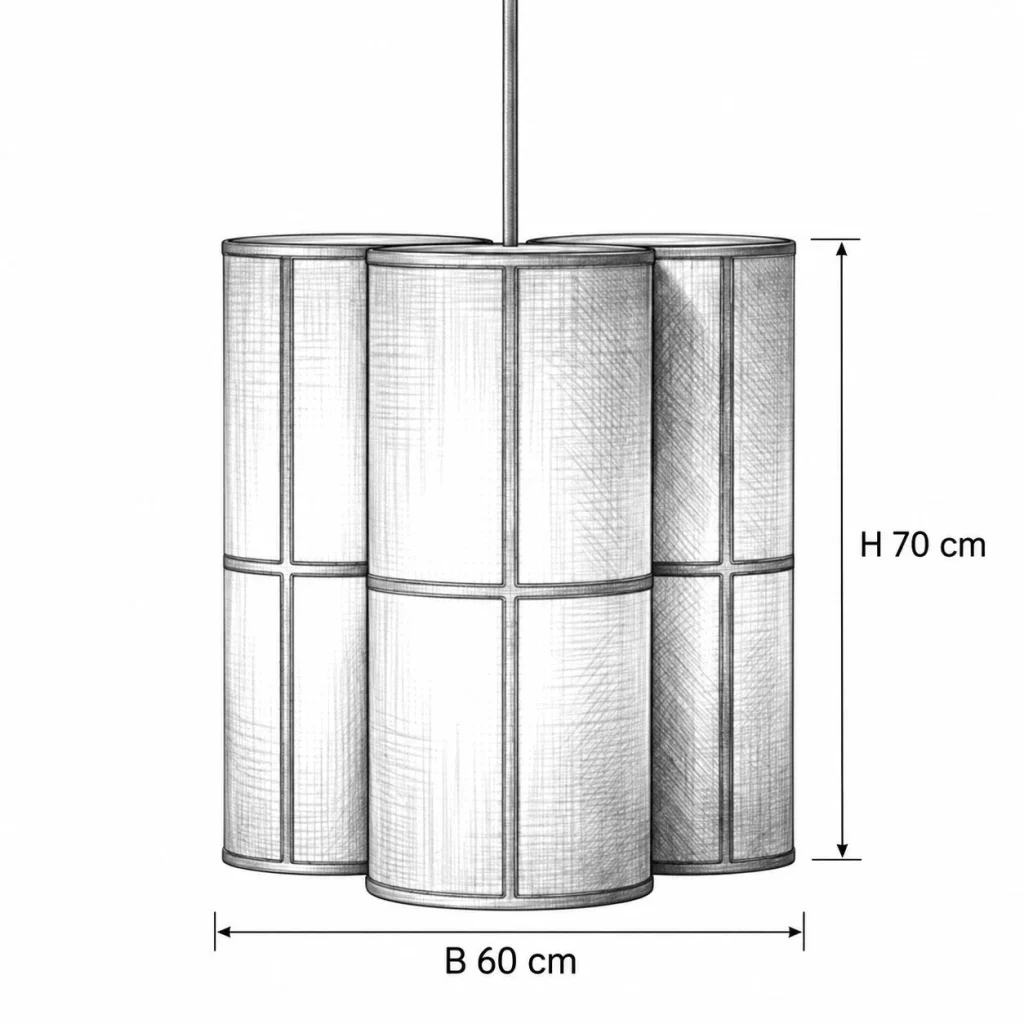 Hängelampe mit zylindrischem Textilschirm RIFTEN – Masszeichnung B 60 cm, H 70 cm