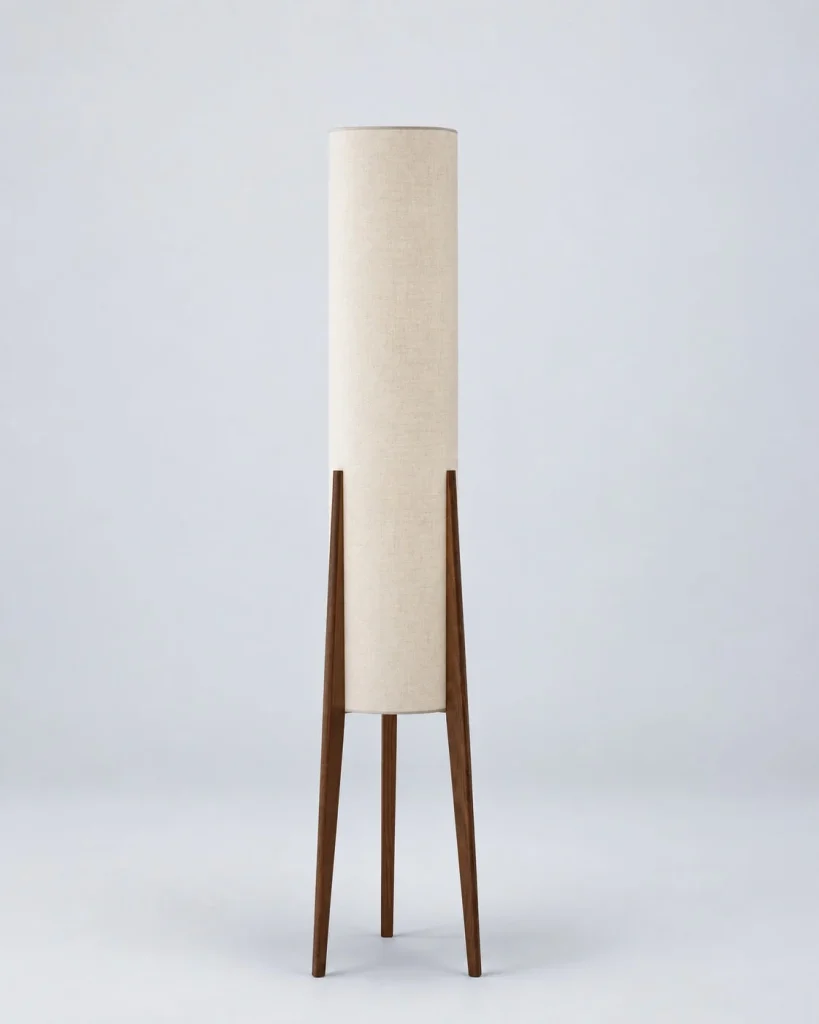 Stehlampe aus Holz mit langem Stoffschirm MEVA – Holzfarben, Studioansicht