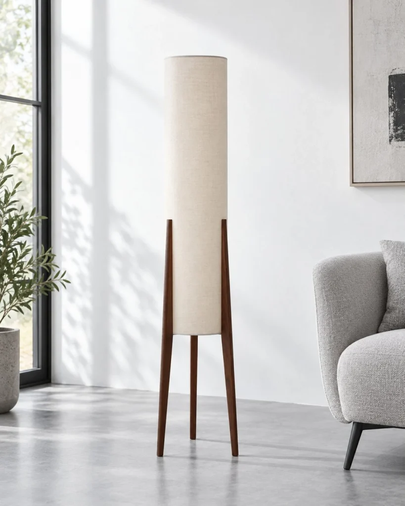 Stehlampe aus Holz mit langem Stoffschirm MEVA – Holzfarben, in einem hellen Wohnbereich