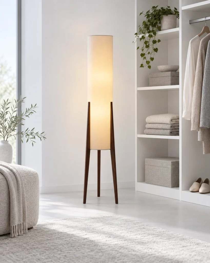 Stehlampe aus Holz mit langem Stoffschirm MEVA – Holzfarben – Heller Ankleidebereich mit offenem Regal