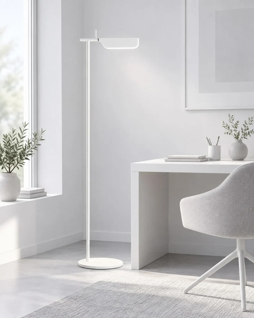 Stehlampe mit flachem Leuchtenkopf MILO – Weiss – Weisse Ausführung im hellen Arbeitszimmer