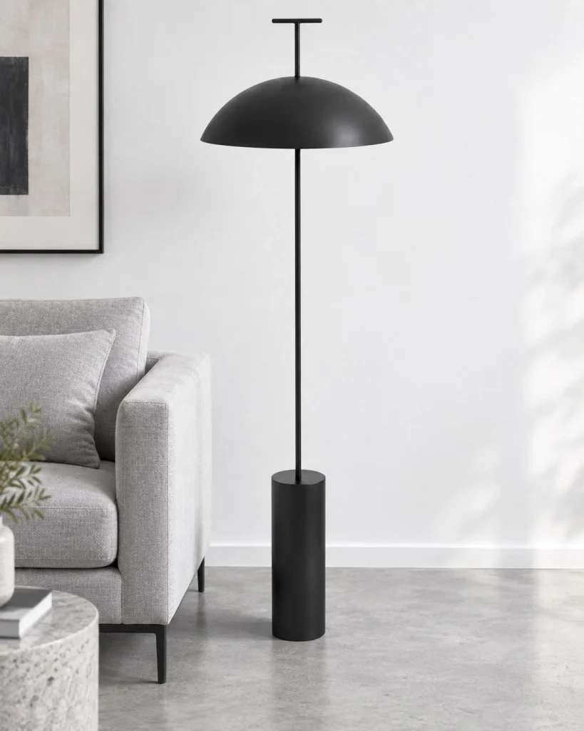 Stehlampe mit Pilzschirm SCANDI – Schwarz, in einem hellen Wohnbereich