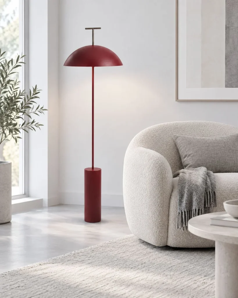 Stehlampe mit Pilzschirm SCANDI – Rot – Heller Lesebereich mit rotem SCANDI neben einem Sessel
