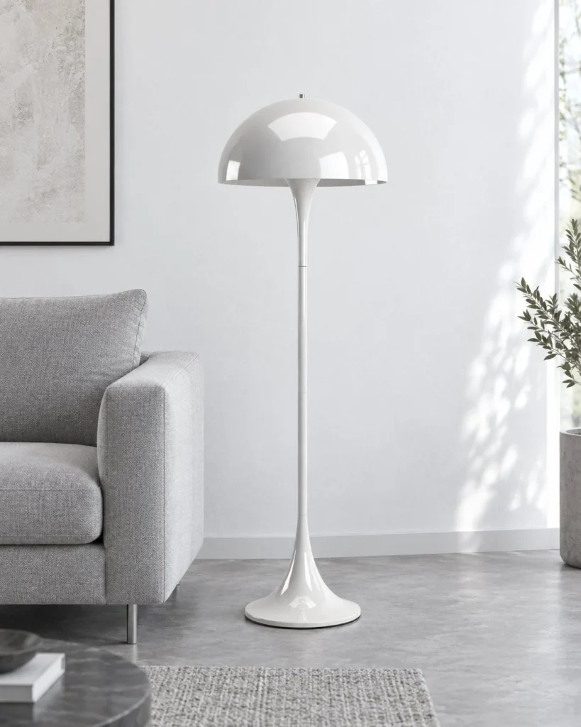 Stehlampe in Weiss mit Kuppelschirm OLEN – Weiss, in einem hellen Wohnbereich