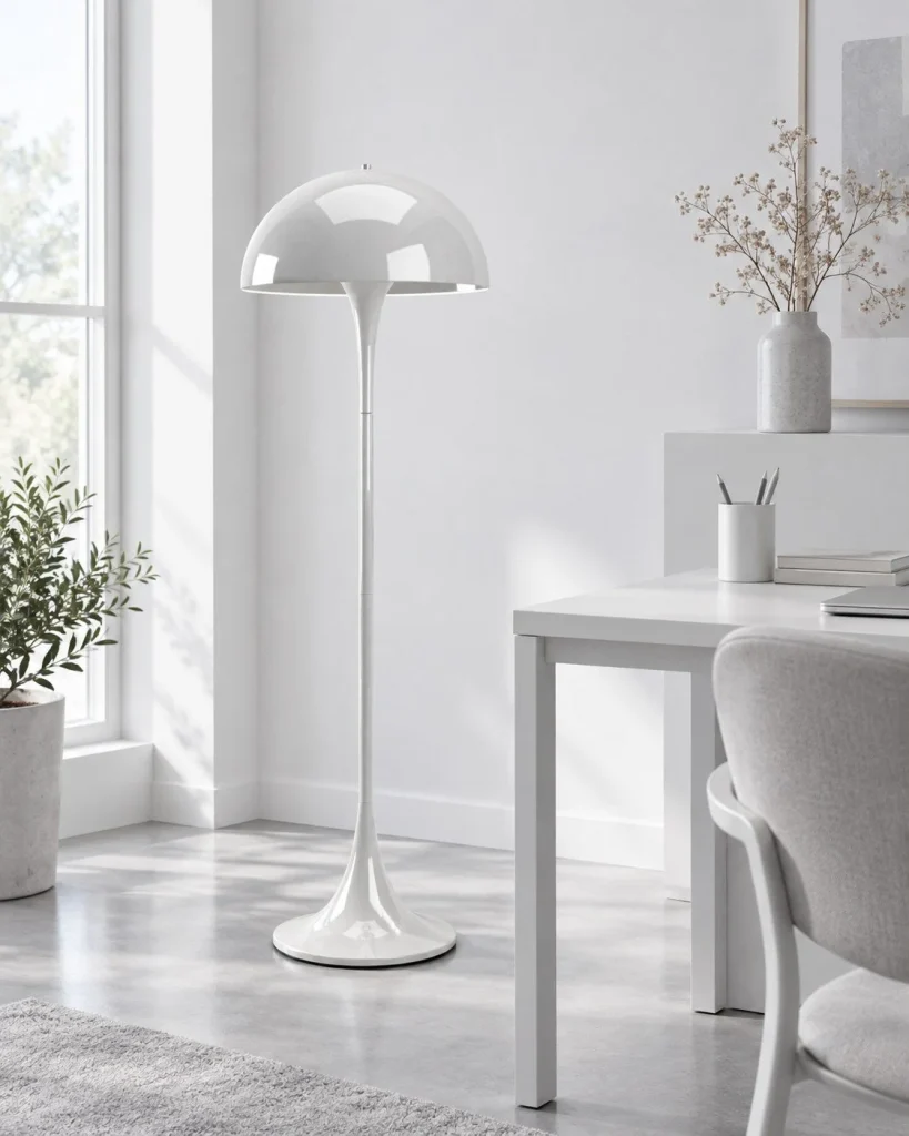 Stehlampe in Weiss mit Kuppelschirm OLEN – Weiss – Helles Arbeitszimmer neben einem Schreibtisch