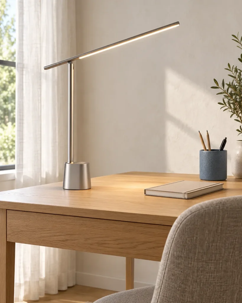 Lampada da tavolo RUNO, lampada da scrivania senza fili, pieghevole – su una scrivania in rovere, luce diurna