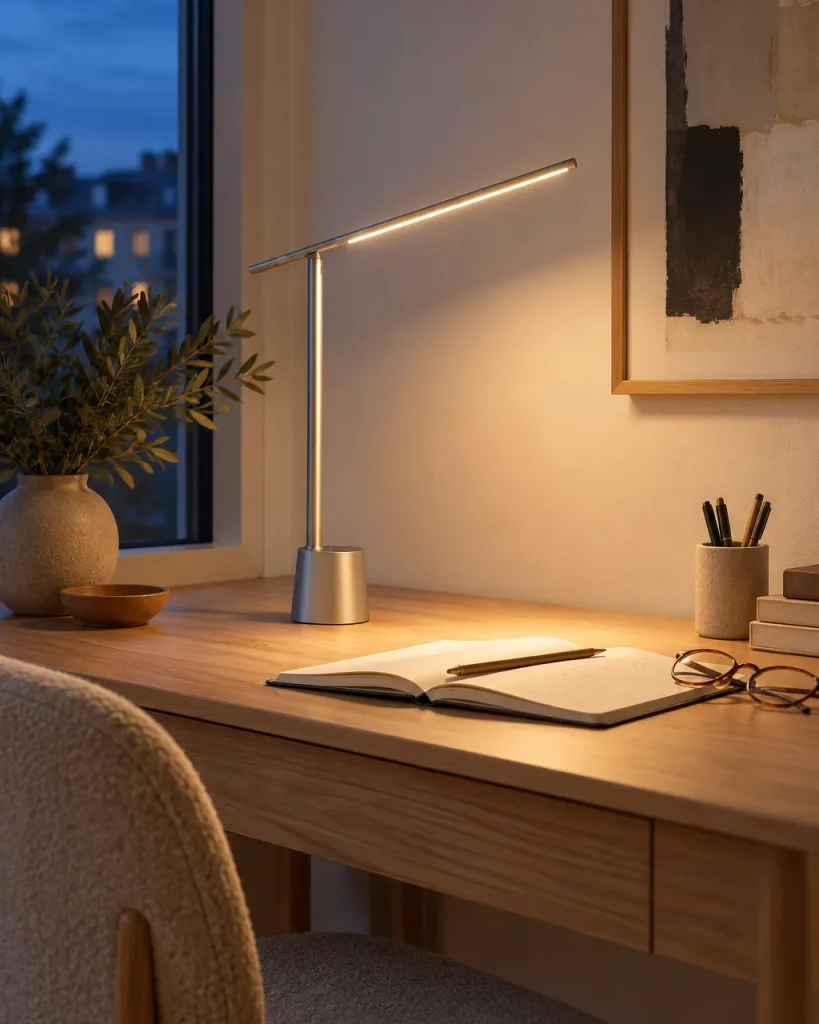 Lampada da tavolo RUNO, lampada da scrivania senza fili, pieghevole – su una scrivania in rovere, luce serale