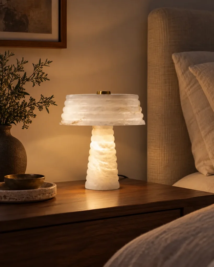 Tischlampe BOLZA, Gestufter Alabasterschirm auf Steinfuss – auf einem Nachttisch aus Nussbaum im Schlafzimmer, Abendlicht