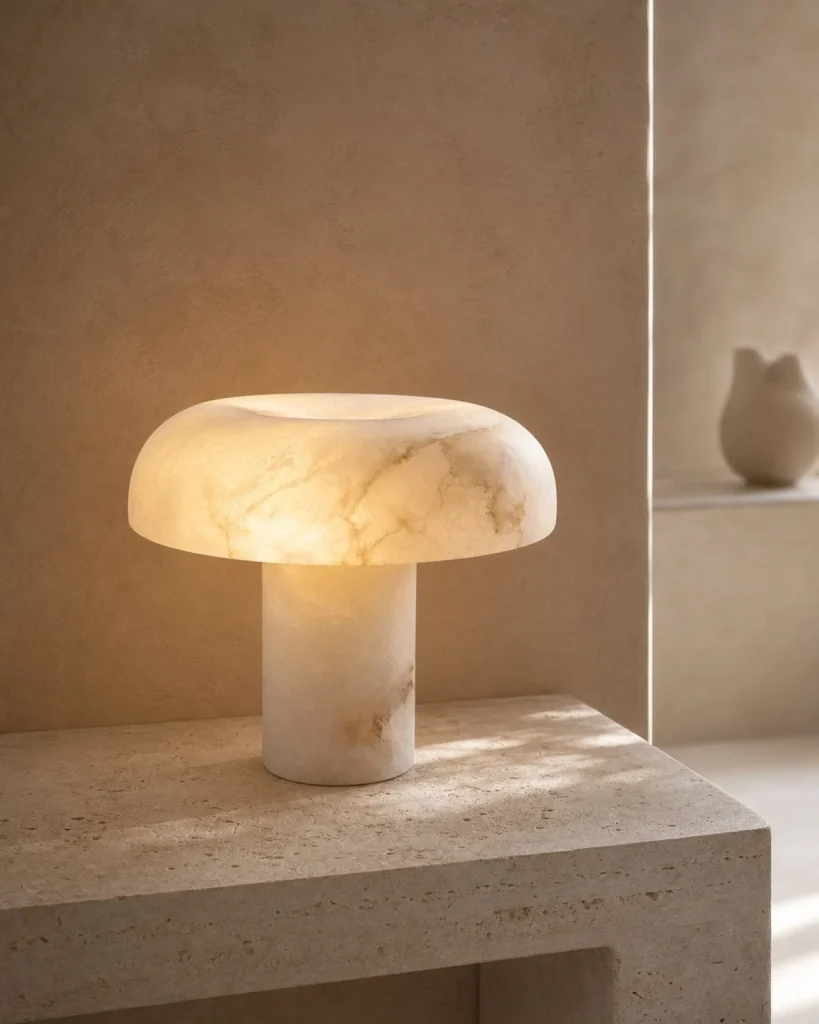 Tischlampe IZO, Alabaster in monolithischer Pilzform – Alabaster, auf einer Konsole