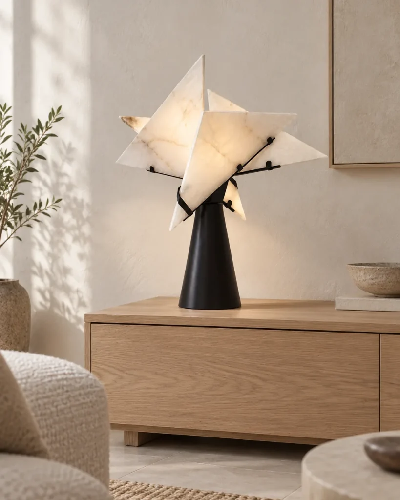 Lampada da tavolo REVI, stella in alabastro su cono nero – in soggiorno su un mobile in rovere chiaro, luce diurna
