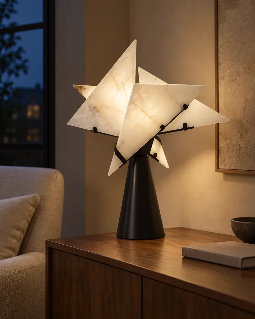 Lampada da tavolo REVI, stella in alabastro – su una credenza in noce accanto alla poltrona da lettura, luce serale