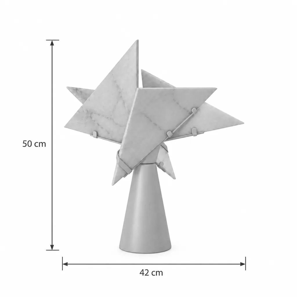 Lampada da tavolo REVI, stella in alabastro su cono nero – disegno tecnico con misure larghezza 42 cm, altezza 50 cm