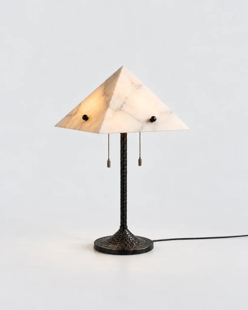 Tischlampe CIRVI, Pyramidenschirm aus Alabaster auf schwarzem Fuss – Alabaster, Produktfoto