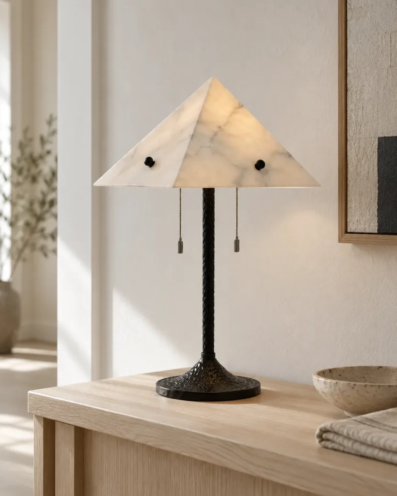 Tischlampe CIRVI, Pyramidenschirm aus Alabaster auf schwarzem Fuss – im Flur auf einer hellen Holzkonsole, Tageslicht