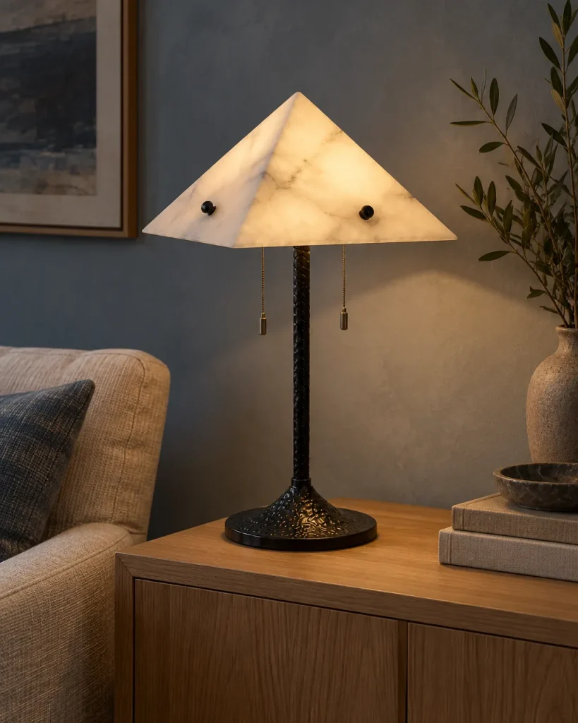 Tischlampe CIRVI, Pyramidenschirm aus Alabaster auf schwarzem Fuss – im Wohnzimmer auf einem Eichenmöbel neben dem Sessel, Abendlicht