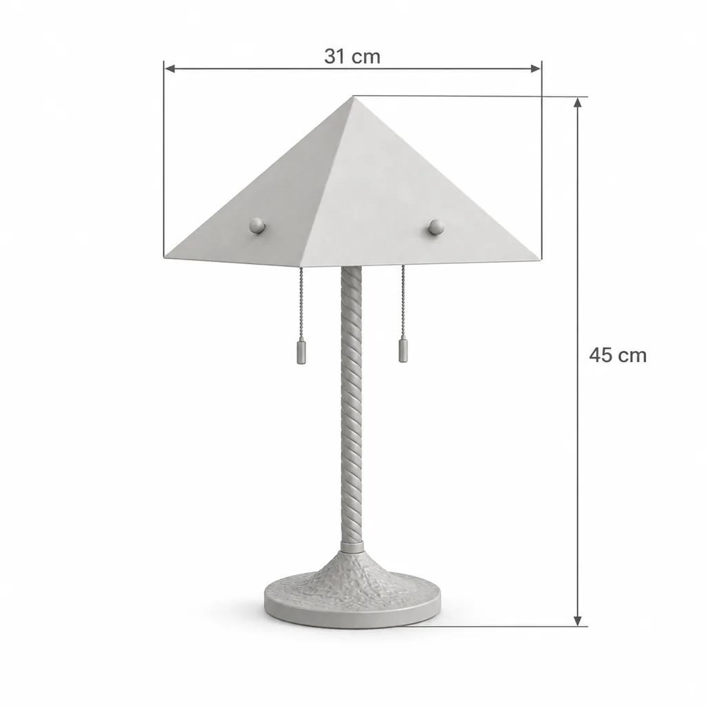 Tischlampe CIRVI, Pyramidenschirm aus Alabaster auf schwarzem Fuss – Masszeichnung Breite 31 cm, Höhe 45 cm
